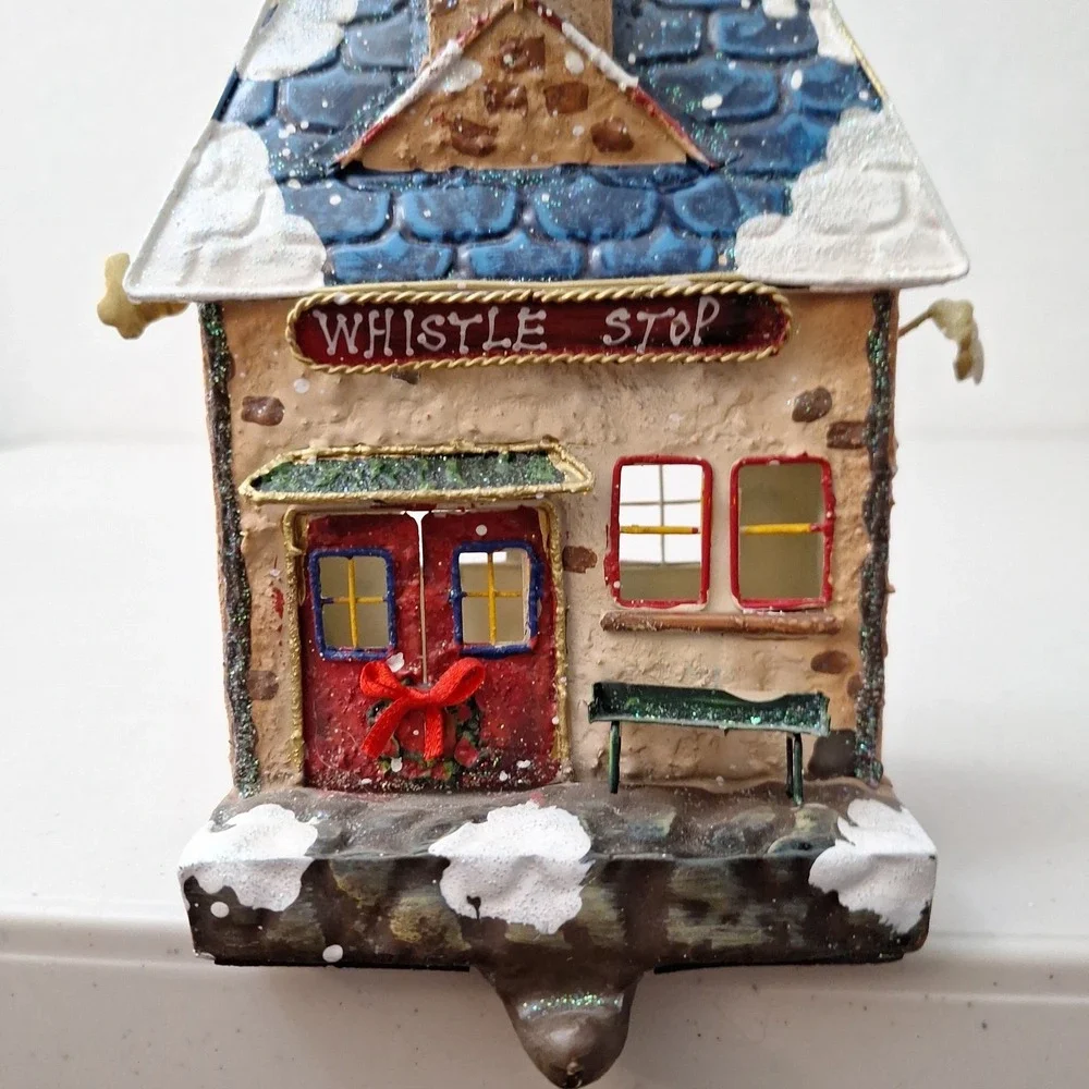 RARE Vtg Christmas Express Stocking Holders Metal Whistle Stop Fire Patrol 7.5